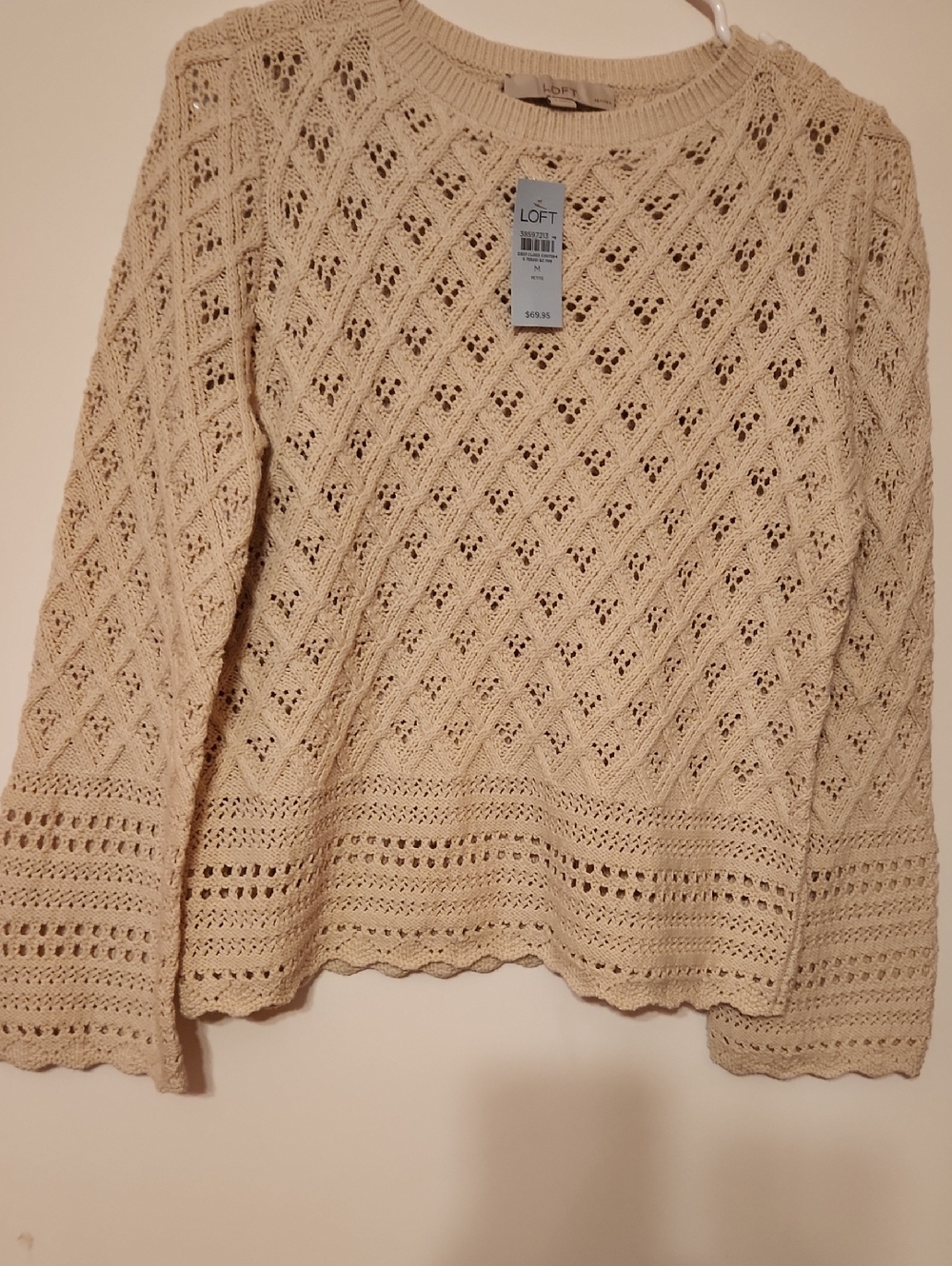 LOFT Cream Openwork Crewneck Sweater